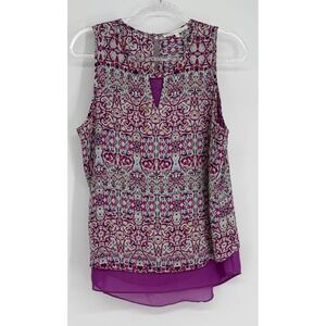 Violet + Claire Womens Pink Purple Damask Print Sleeveless Chiffon Blouse Sz L